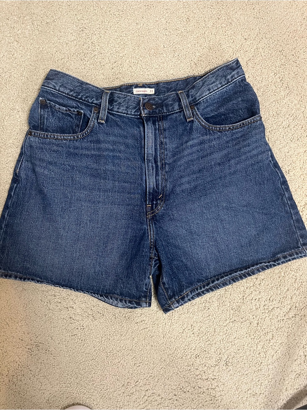 Levi Cinch Dark Blue Denim High-Rise 4 inch Shorts with adjustable waist
